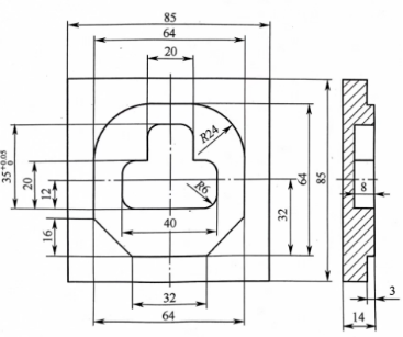 已知零件图如图2所示，毛坯尺寸为85 mm x 85 mm x 14 mm的方形坯料，材料为硬铝，且面和四周轮廓均已加工好，要求粗加工外轮廓和内槽，试完成西门子802S/C系统的数控铣床上程序中对应序号内容的填写（每空2分）。（请注意：将答案填写在表格对应的题号下）（刀具为φ10 mm立铣刀）